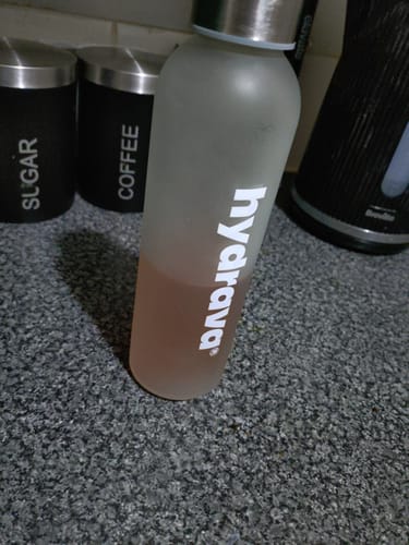 Customer's Frosted Hydrava Bottle sitting on a kitchen countertop.