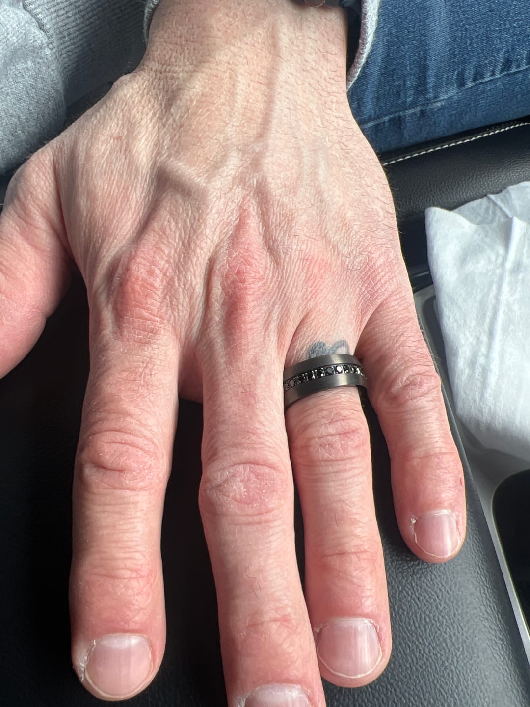 Customer photo review of 8mm Gun Metal Tungsten Carbide Wedding Band with Black Sapphires