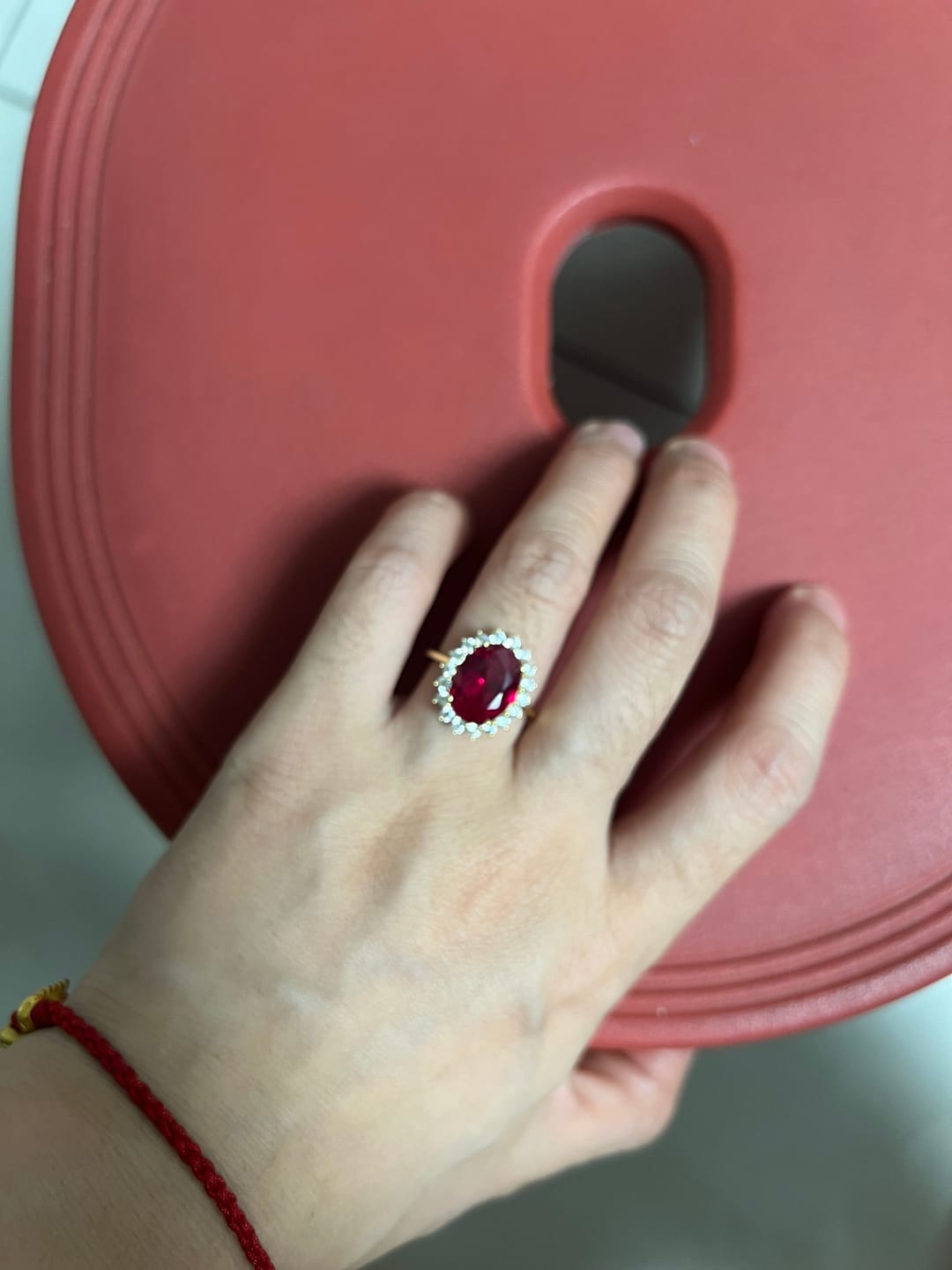 Customer photo review of 4.5 Carat Halo Oval Cut Blue/Red/Green/Yellow Sapphire Engagement Ring In Sterling Silver