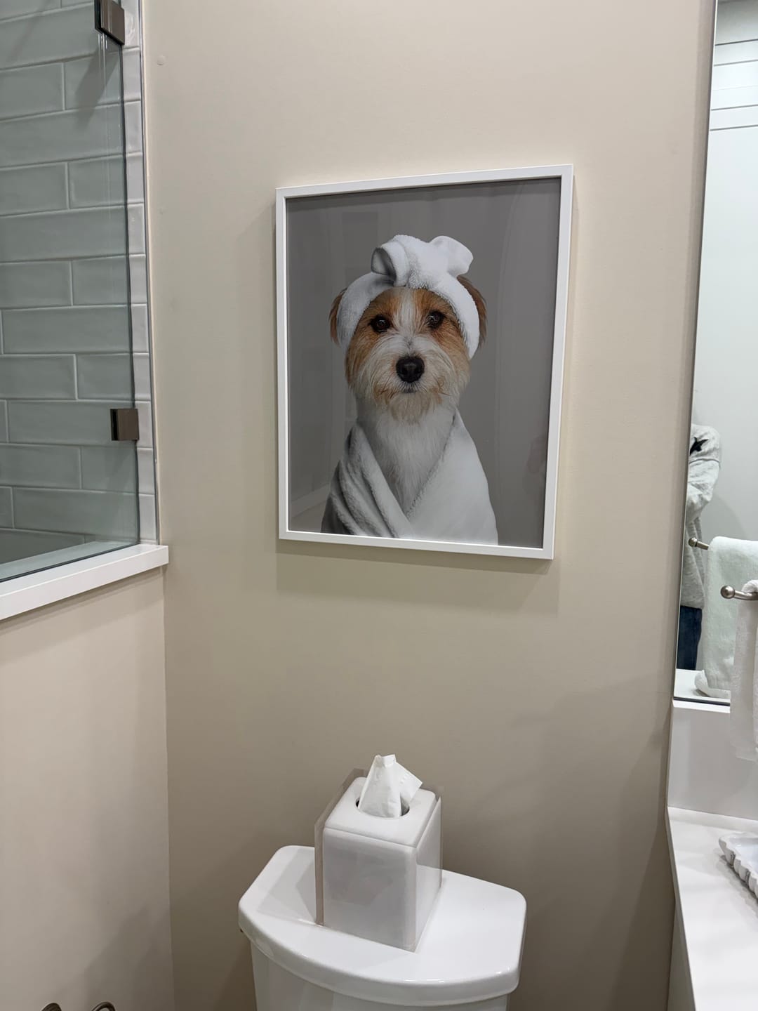 Customer photo review of Black and white Dog Bathroom Art