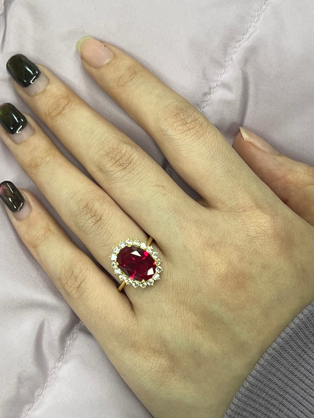 Customer photo review of 4.5 Carat Halo Oval Cut Blue/Red/Green/Yellow Sapphire Engagement Ring In Sterling Silver