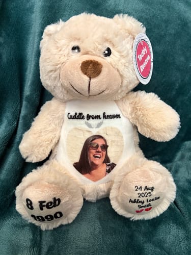 Customer photo review of A Cuddle from Heaven Personalised Photo Teddy Bear