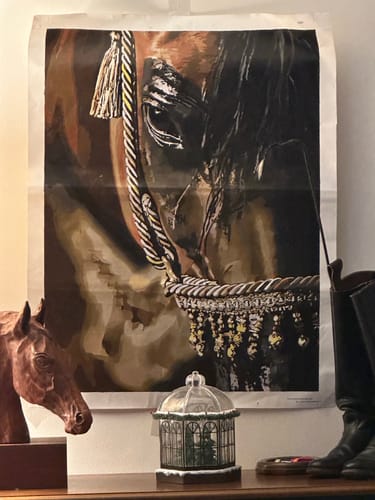 Customer's completed Paint Your Pet by Numbers portrait of a horse with a decorative bridle, shown on a canvas.