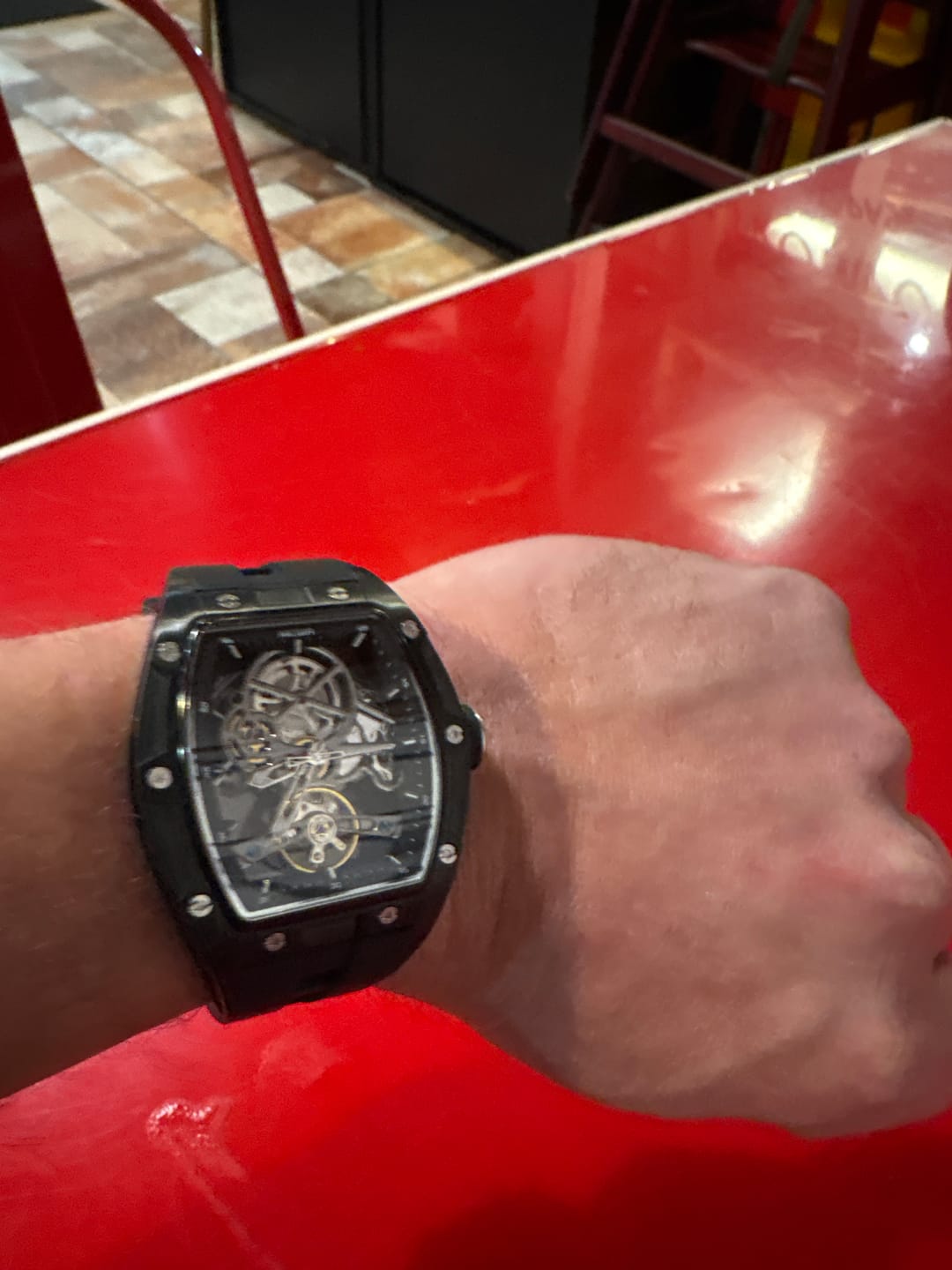 Customer photo review of Latest Luxury Design -Skeleton Face With Rubber Strap Mechanical Movement Waterproof Watch