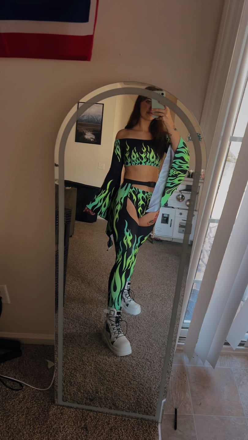 Customer photo review of Neon Fire Dance Chaps Pants Set