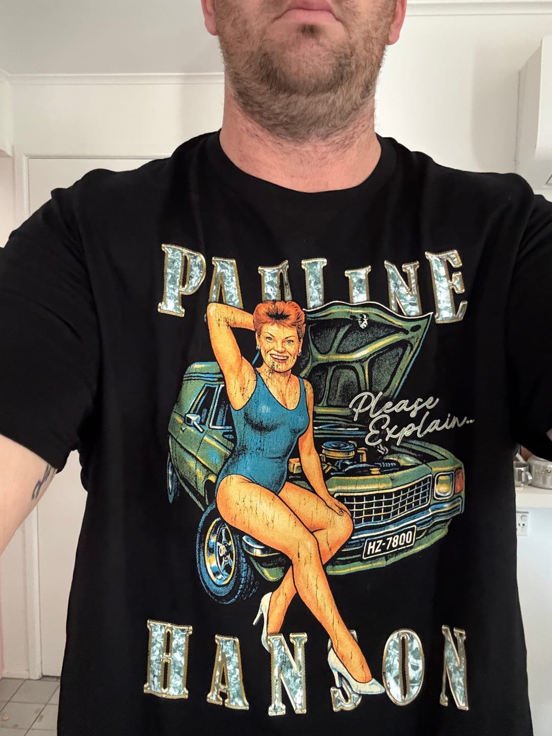 Customer photo review of Please Explain Pauline Hanson Tee Black