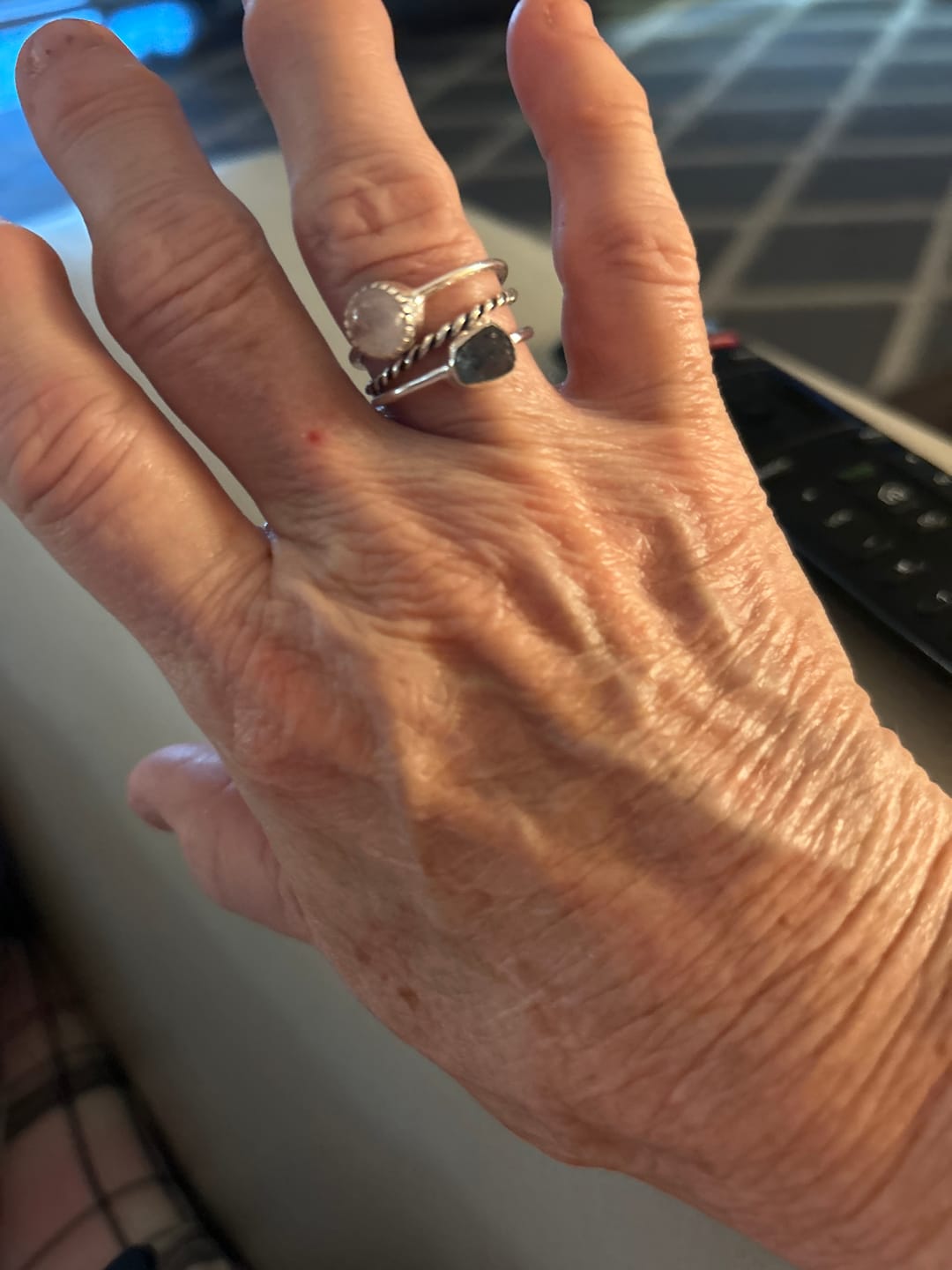 Customer photo review of Moonstone and Aquamarine Ring Stacking Set Sterling Silver