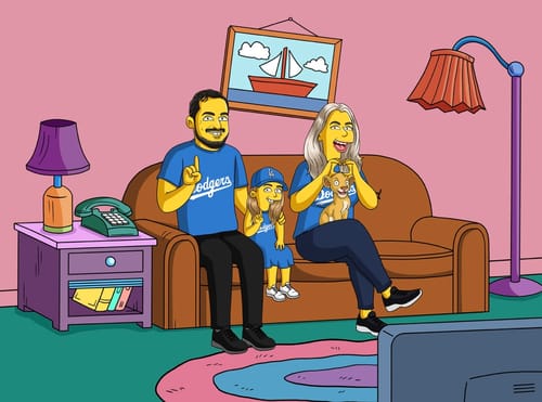 Customer's Hand Drawn Digital Portrait of a family and pet on a couch, rendered in a familiar yellow cartoon style.