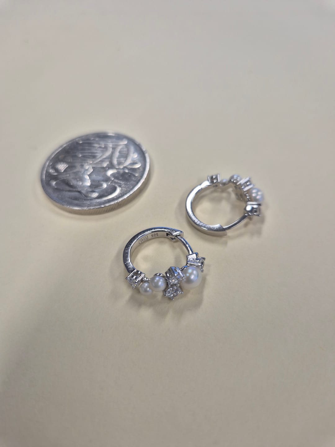 Customer photo review of Freshwater Pearl and Cubic Zirconia Scattered Huggie Earrings in Sterling Silver Rhodium Plate
