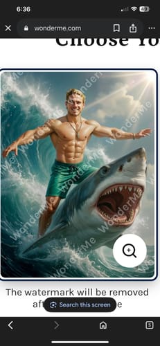 Customer's 'The Fearless Shark Rider' custom canvas of a muscular person riding a large shark in the ocean.