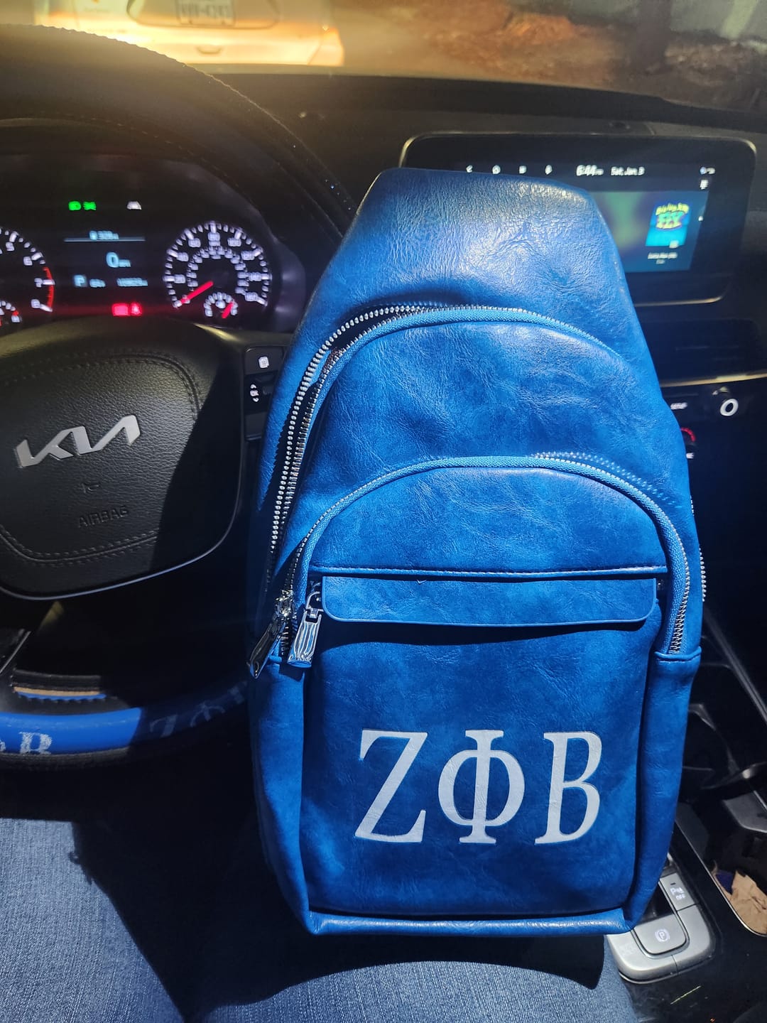Customer photo review of Greek Letter - Vegan Leather Sling Backpack