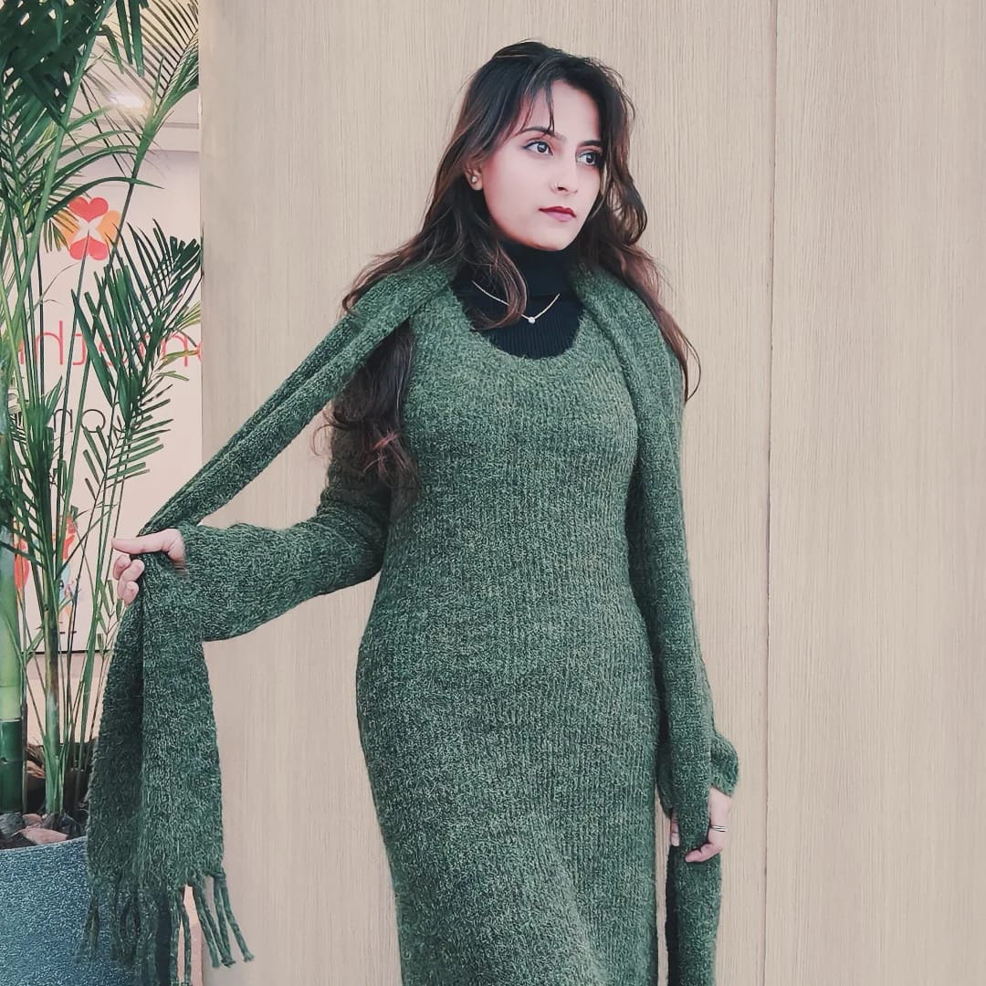 Customer photo review of Micola Woolen Dress With Scarf In Olive