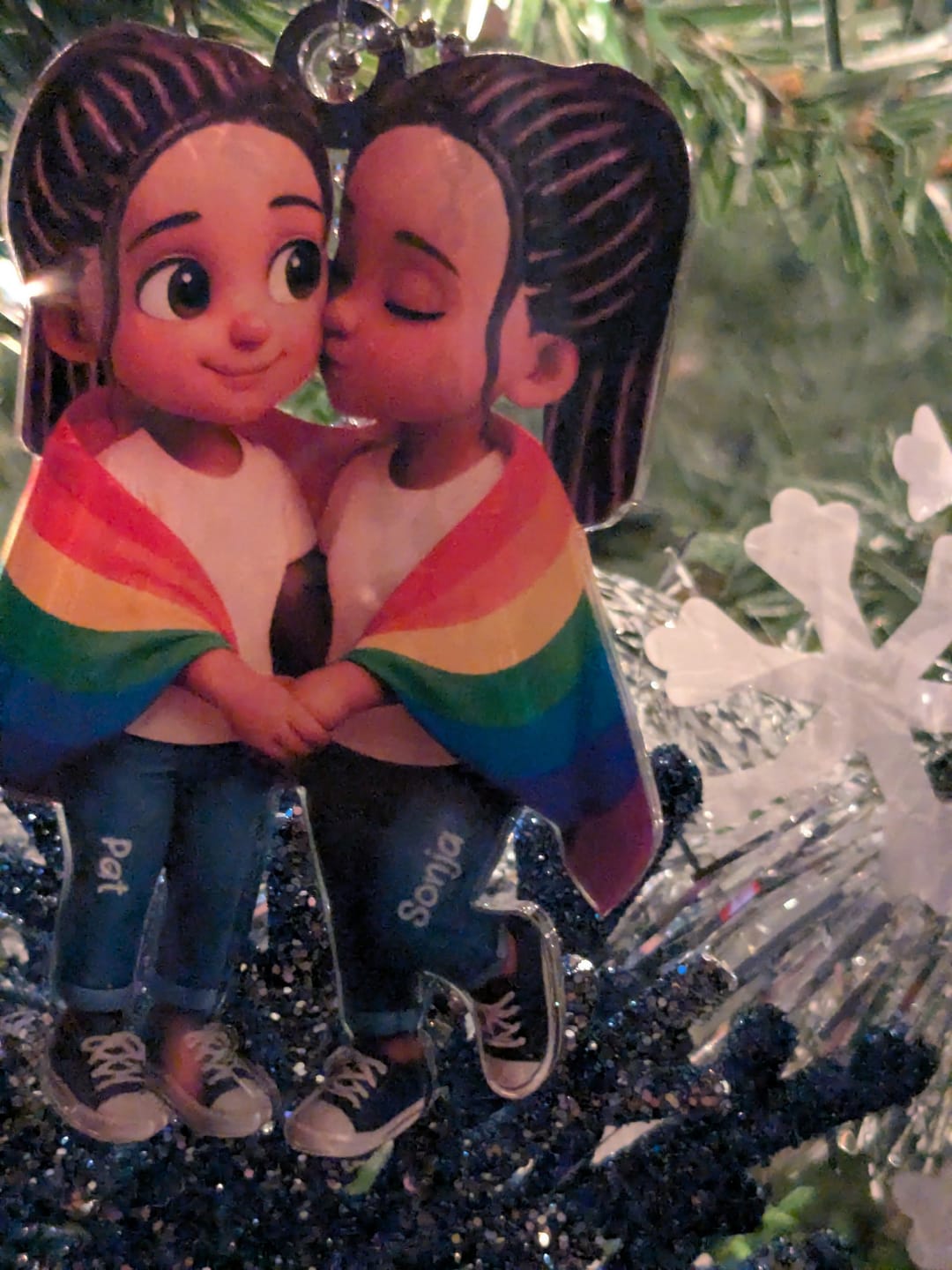 Customer photo review of Pride Month LGBT Couple Love Is Love Personalized Acrylic Christmas Ornament