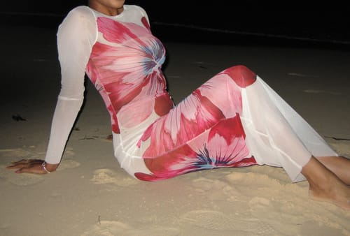 Customer photo review of Long sleeve crewneck mesh flower print maxi dress