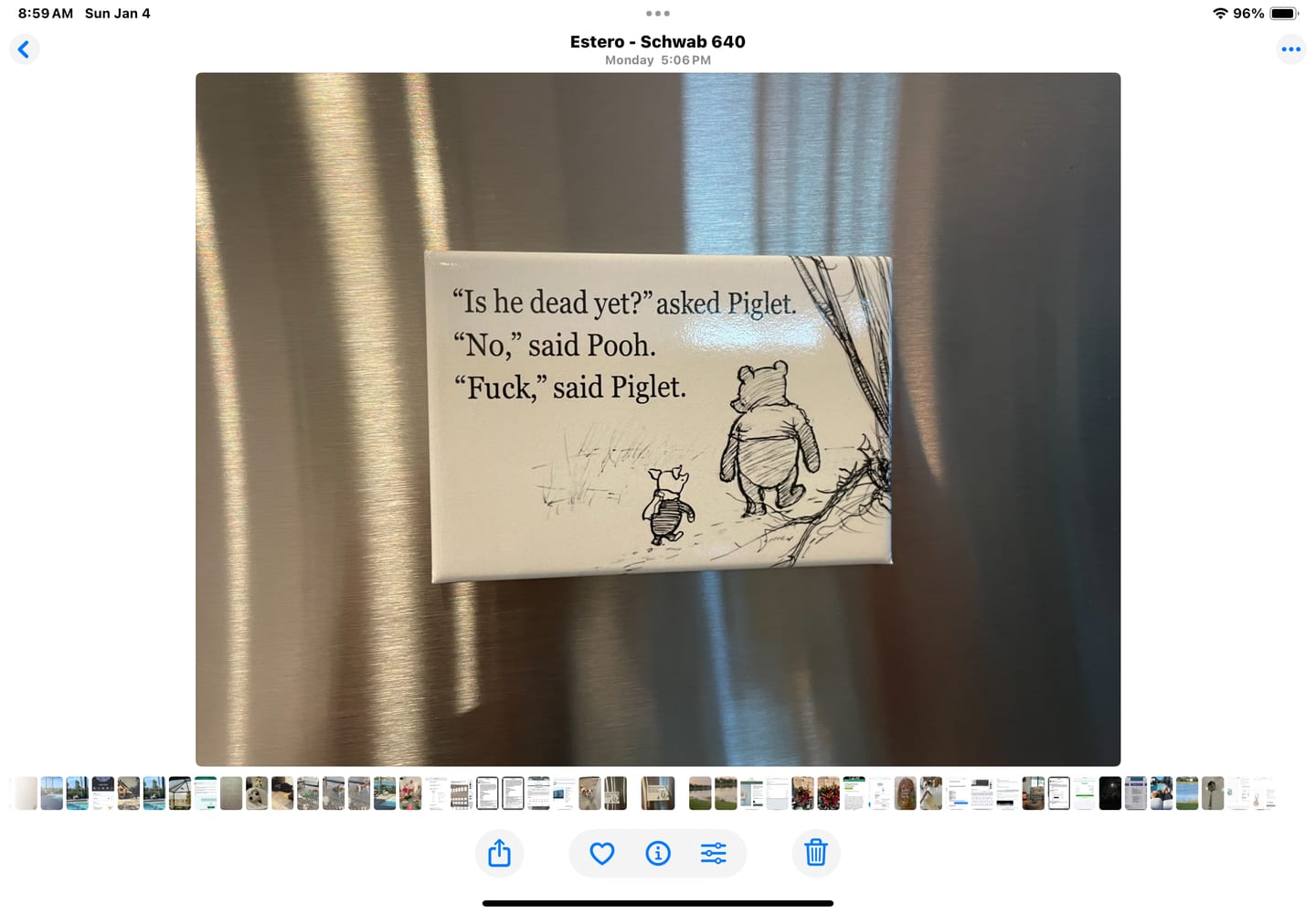 Customer photo review of Is He Dead Yet? Asked Piglet? "No," Said Pooh. "Fuck," Said Piglet Magnet