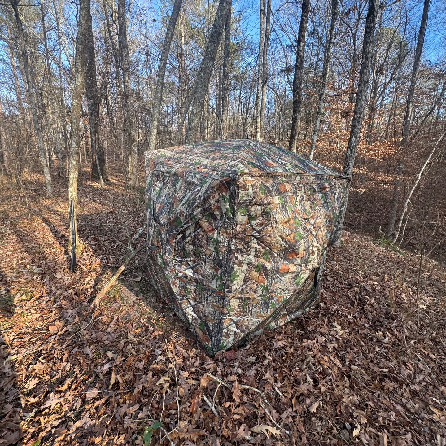 Customer photo review of Vis360 See Through Ground Blind | 360° Camouflage Pop Up Hunting Blind for 2/3/4 Person | Portable Deer Blind with Orange Cover