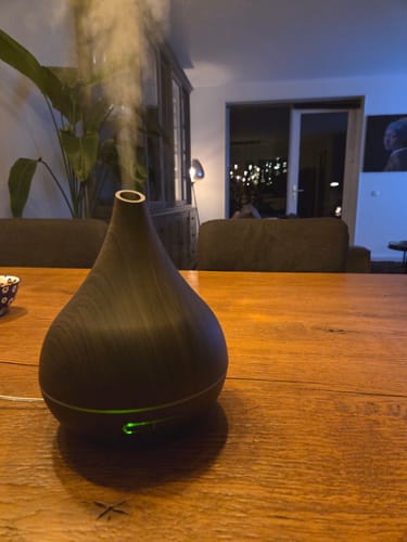 Recensent's donkere Geurwolkje-diffuser verspreidt nevel op een houten tafel.
