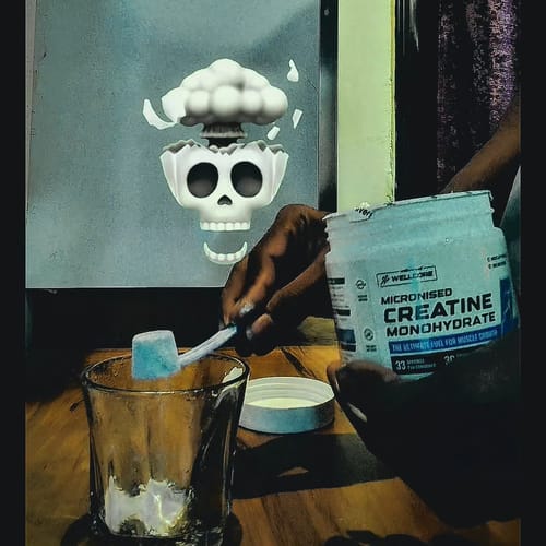 Reviewer scooping blue Wellcore Creatine Monohydrate powder from the tub into a drinking glass.