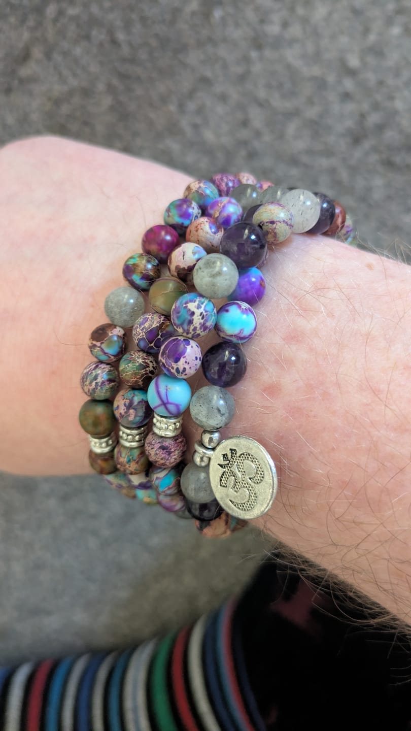 Customer photo review of Natural Jasper, Amethyst & Labradorite 108 Mala Beads Om Necklace