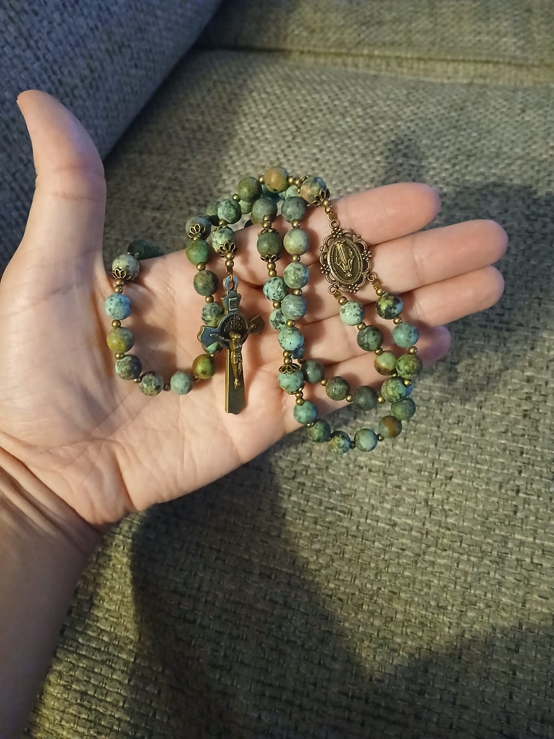 Customer photo review of Christianartworkshop Retro Style Miraculous Medal & Crucifix of 8mm Matte African Turquoise Handmade Rosary