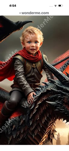Customer's 'The Dragon Rider' personalized portrait showing a young child with a red cape riding a large black dragon.