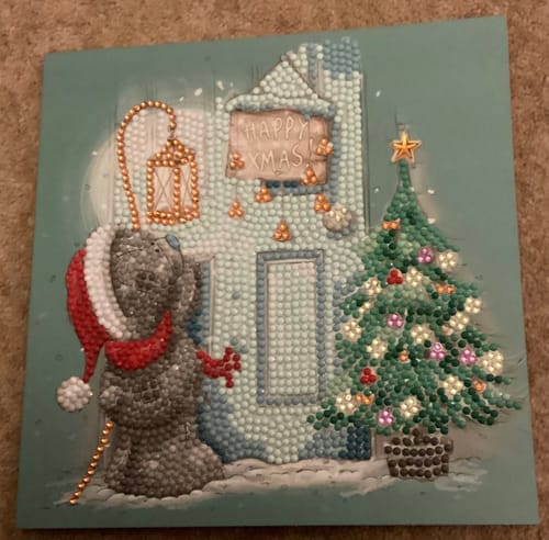 Reviewer's completed 'Me To You' Crystal Art card for Christmas, showing Tatty Teddy in a Santa hat next to a sparkling tree.