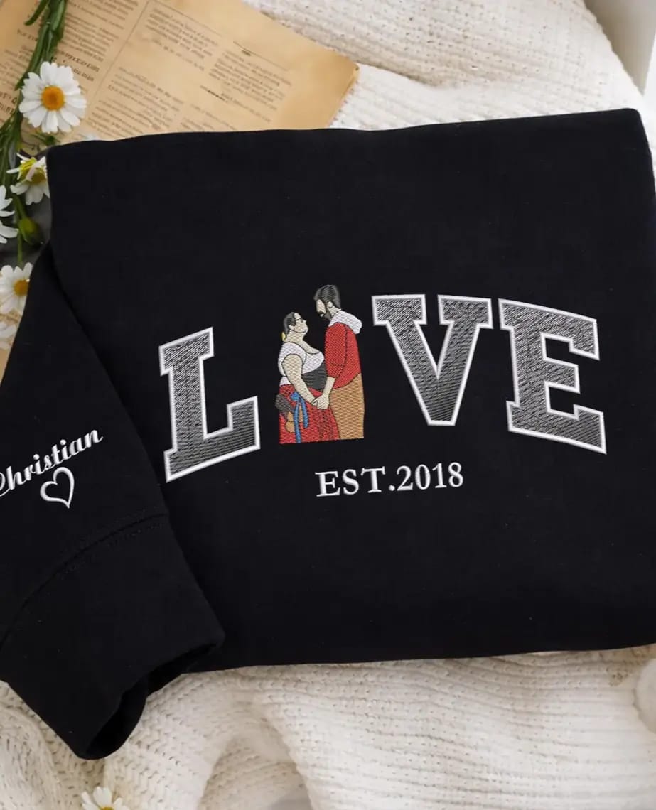 Customer photo review of Personalized Embroidered Photo Couple Sweatshirt, Hoodie or T-Shirt with LOVE & EST. Year
