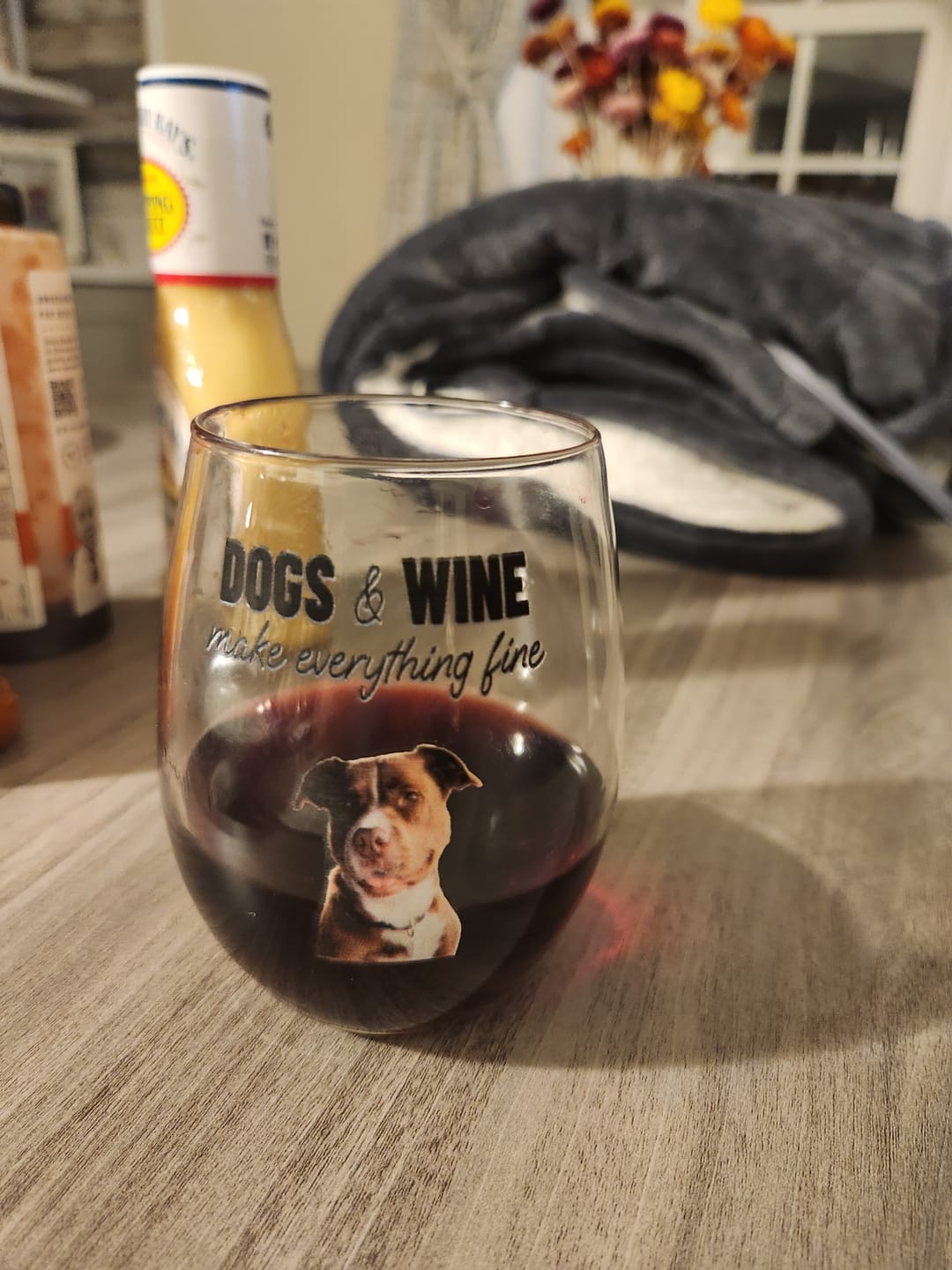 Customer photo review of Pets & wine make me fine -  Personalized Wine Glass