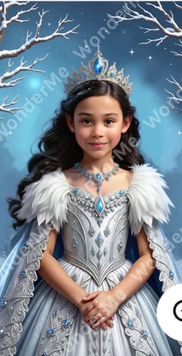 Customer's 'The Winter Queen' portrait of a person in a silver gown and jeweled crown in a winter scene.
