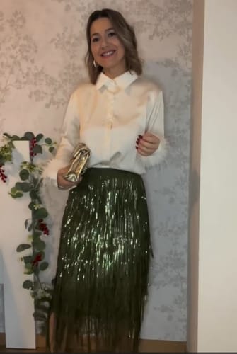 Customer photo review of Party Crasher Feather Trim Long Sleeve Button Up Loose Blouse (Shipped Within 24 Hours)