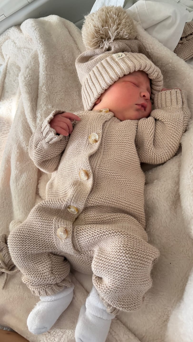 Customer photo review of Luna + Luca Classic Purl Knit Jumpsuit - Heather Beige