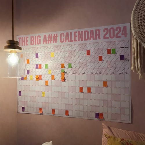 Reviewer's Big A## Calendar on a wall, organized with many colorful labels to plan out their year.