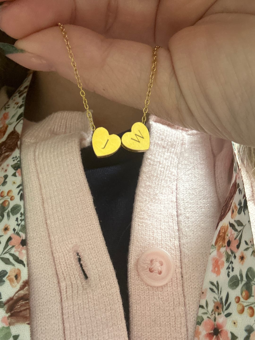 Customer photo review of Amo Heart Double Bead Necklace in Gold