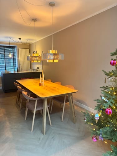 Recensent toont zes by fonQ Nordic eetkamerstoelen in rosewood rond een houten eettafel in een eetkamer.