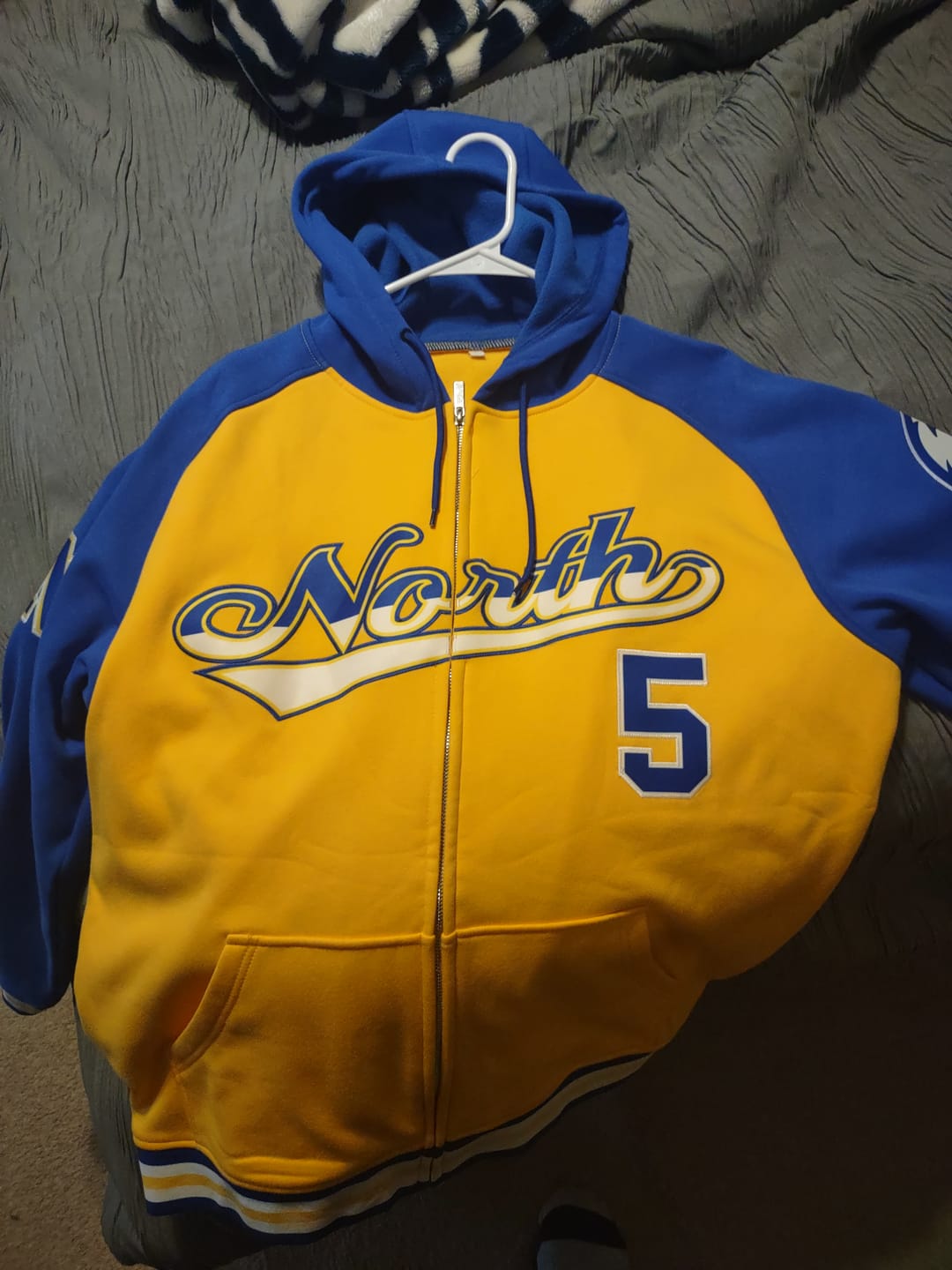 Customer photo review of Custom Stitched Yellow Royal Raglan Sleeves Sports Full-Zip Sweatshirt Hoodie