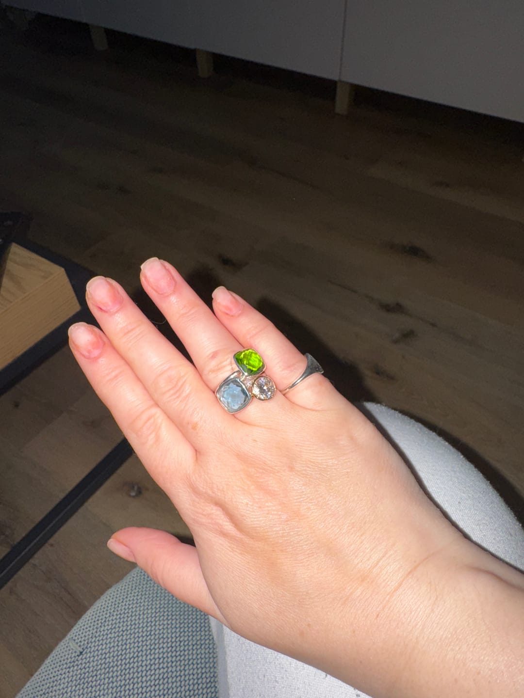 Customer photo review of Kyanite Cushion Bezel Set Stacking Ring: September Birthstone