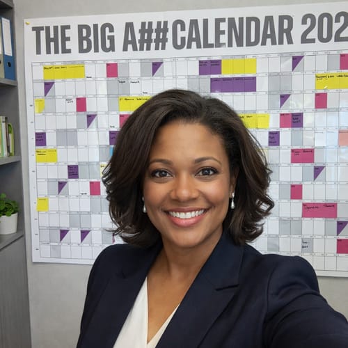 Reviewer smiling in front of the large BIG A## CALENDAR on her wall, organized with colorful planning labels.