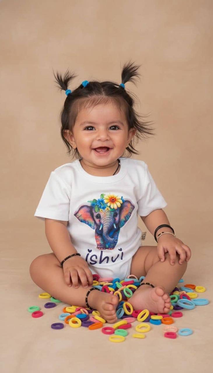 Customer photo review of Baby Elephant Name Romper -  Customizable