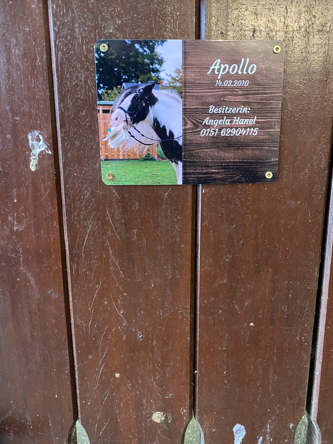 Customer photo review of Pferde Boxenschild mit Foto & Wunschtext (UV- und wetterfest)