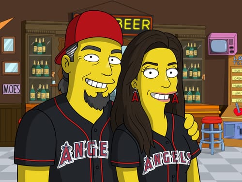 Customer's 'Turn Me Yellow' digital portrait of a smiling couple in matching baseball jerseys at a cartoon-style bar.