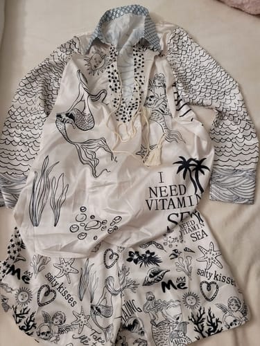Customer photo review of Live By Water Satin Unique Letter Print Tassle Shirt and Elastic Waist Shorts Set (Shipped Within 24 Hours)