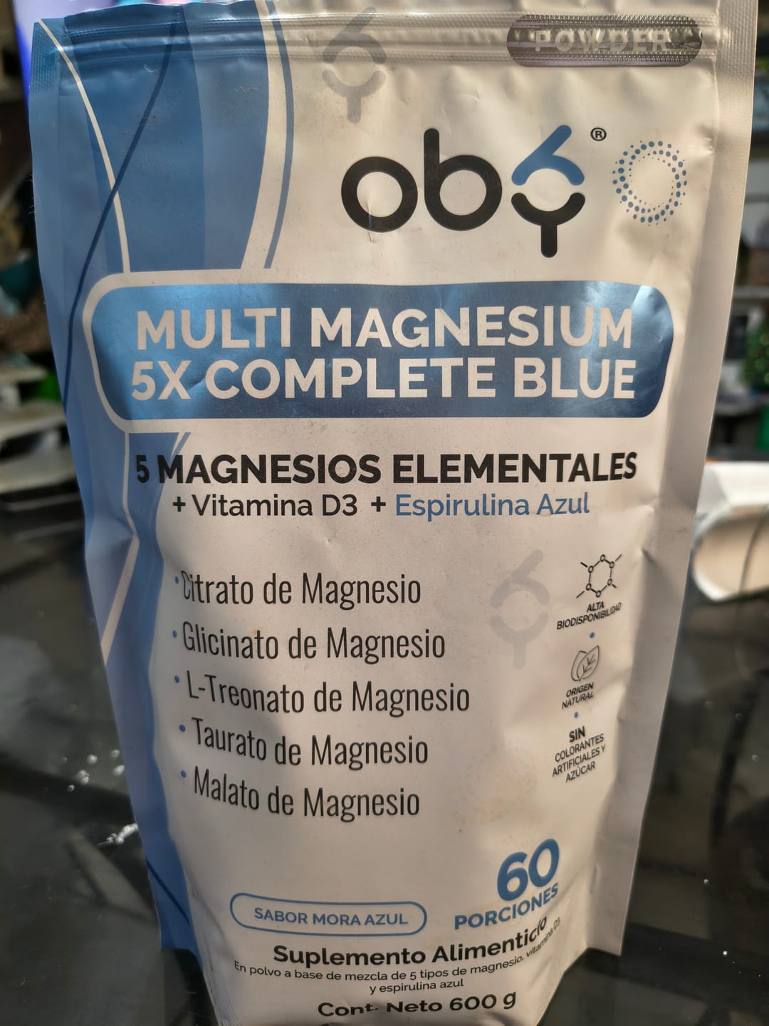 Customer photo review of Pack de 6 Pouch: Oby Multi Magnesio Blue | 5 Magnesios + Espirulina azul + D3 | Polvo Sabor Mora azul