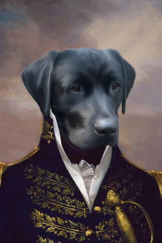 Recensent toont een 'De Admiraal' portret van een zwarte hond in een historisch, koninklijk uniform.