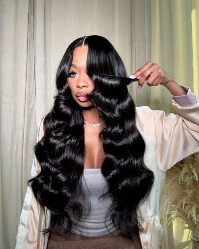 Customer photo review of Loose Body Wave Glueless Wig 5x5 HD Lace Invisible Knots 180% Density