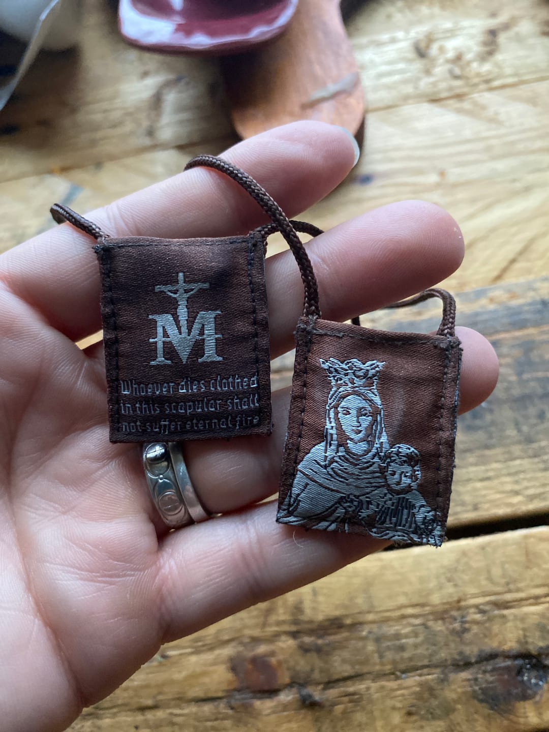 Customer photo review of OLMC Crown of Stars | Our Lady of Mt. Carmel Premium Brown Scapular