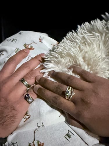 Customer photo review of Round Moissanite Two Tone Vine Split Shank Pave Engagement Ring