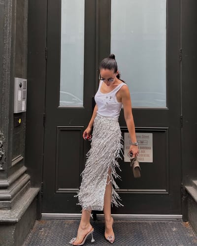 Customer photo review of Evening Charm Layered Sequined Tassels High Rise Back Zipper Slit Midi Skirt
