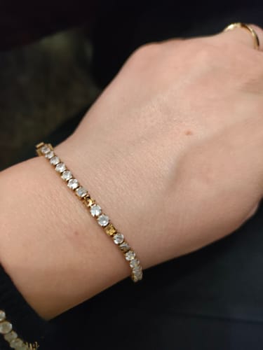 A close-up of a customer wearing the beautiful Diamond Tennis Bracelet on their wrist.