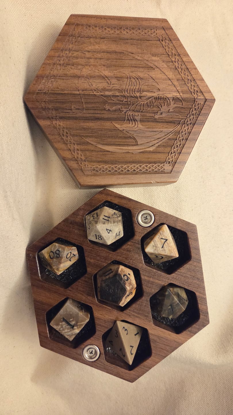 Customer photo review of URWizards D&D Petrified Wood Gemstone Engraved Dice Set(Limited edition)