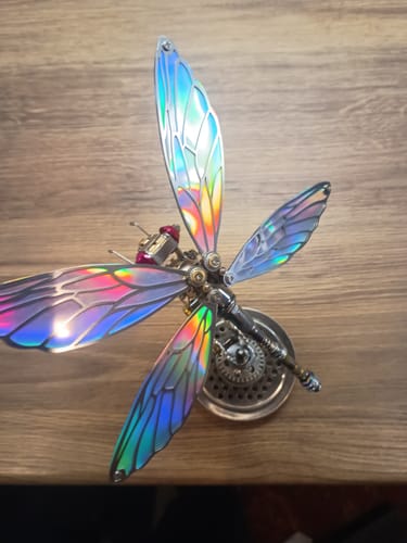 Customer's assembled Dragonfly model with colorful iridescent wings, displayed on a wooden surface.